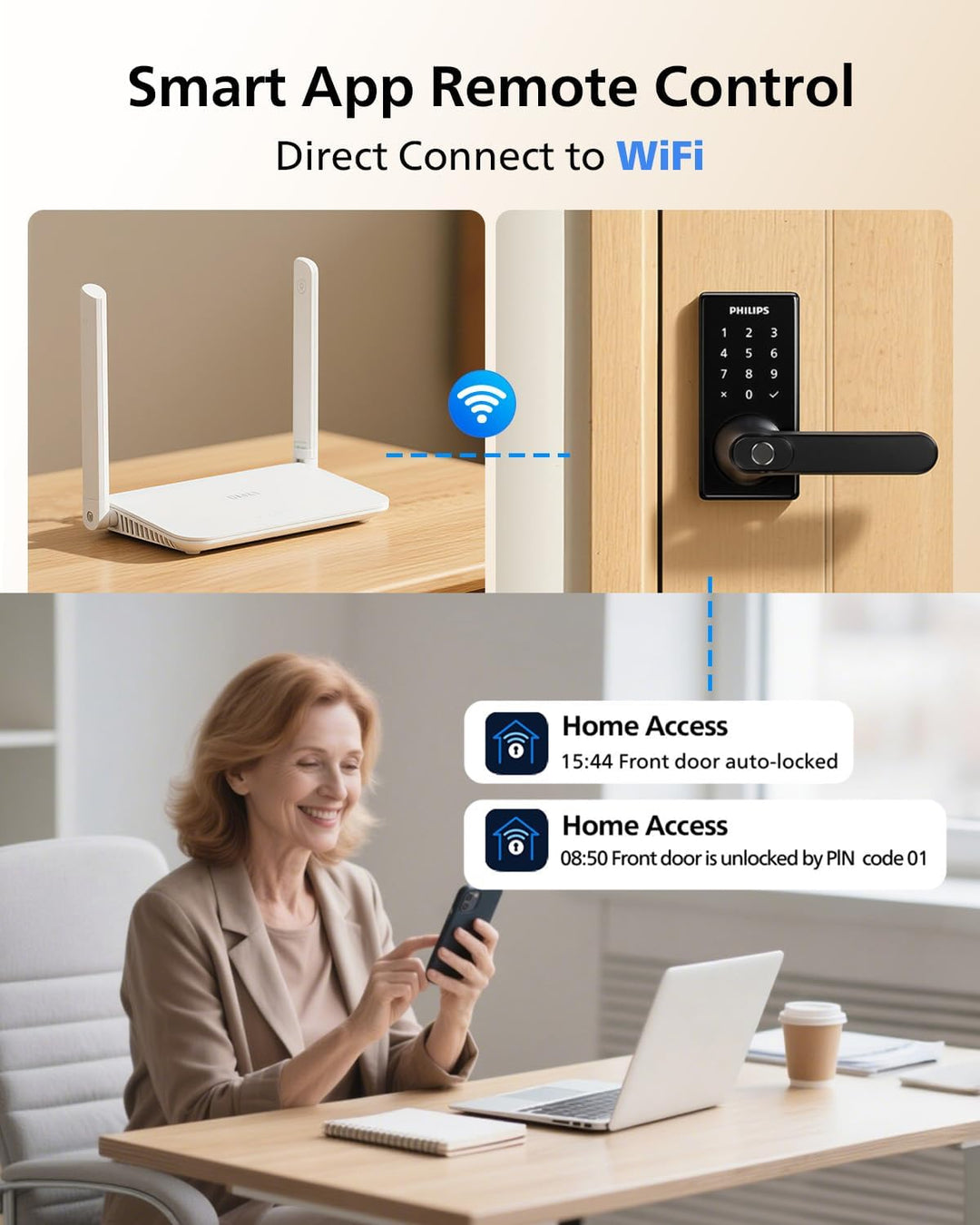 Philips Cerradura de puerta inteligente Wi-Fi con asa, cerradura de...
