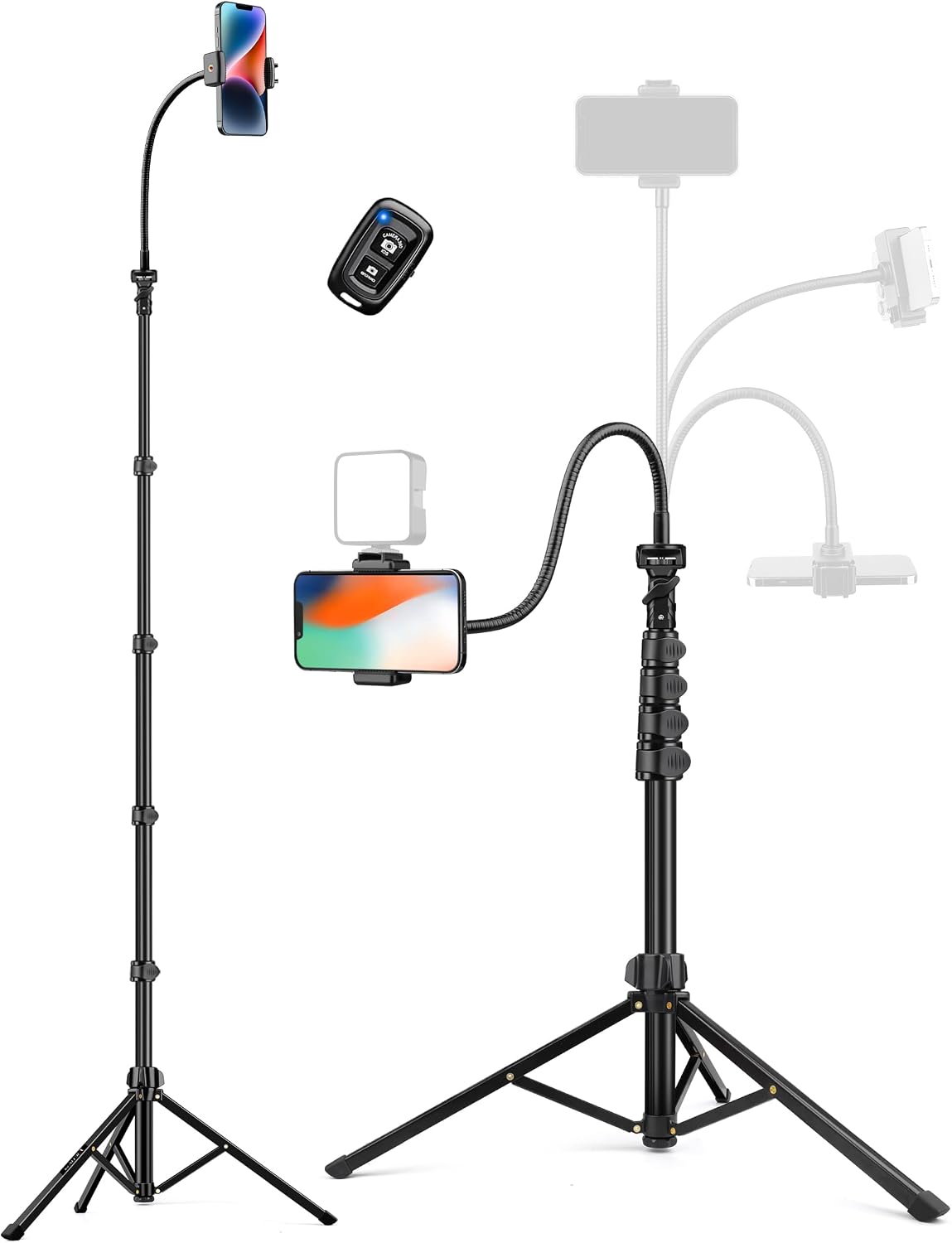 Trípode para teléfono, trípode de 86 pulgadas de alto para iPhone con cuello de cisne flexible y control remoto, soporte de aluminio portátil para selfies, grabación de video, viajes, compatible con