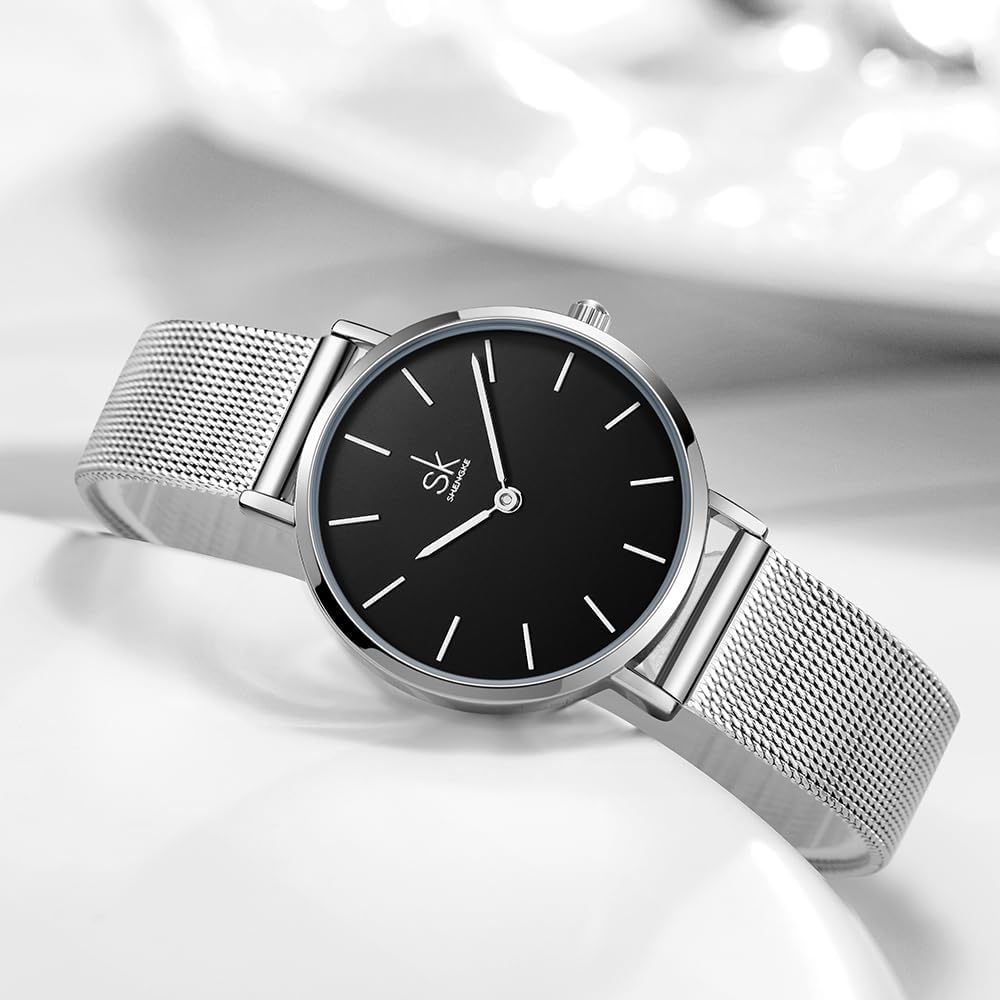 Shengke SK Ultra delgado minimalista Relojes para mujer de dos agujas Reloj de vestir de cuero para damas