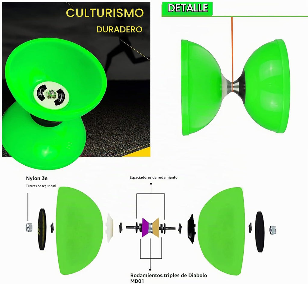 MAGICYOYO Pro Triple Rodamiento Verde Diabolo Tamaño Mediano 5"" Juguete de Yoyo Chino con 2 Pares de Palos de Carbono + 2 Cuerdas Extra + 1 Bolsa de Malla, Juguete de Habilidad de Yoyo Chino de Alto