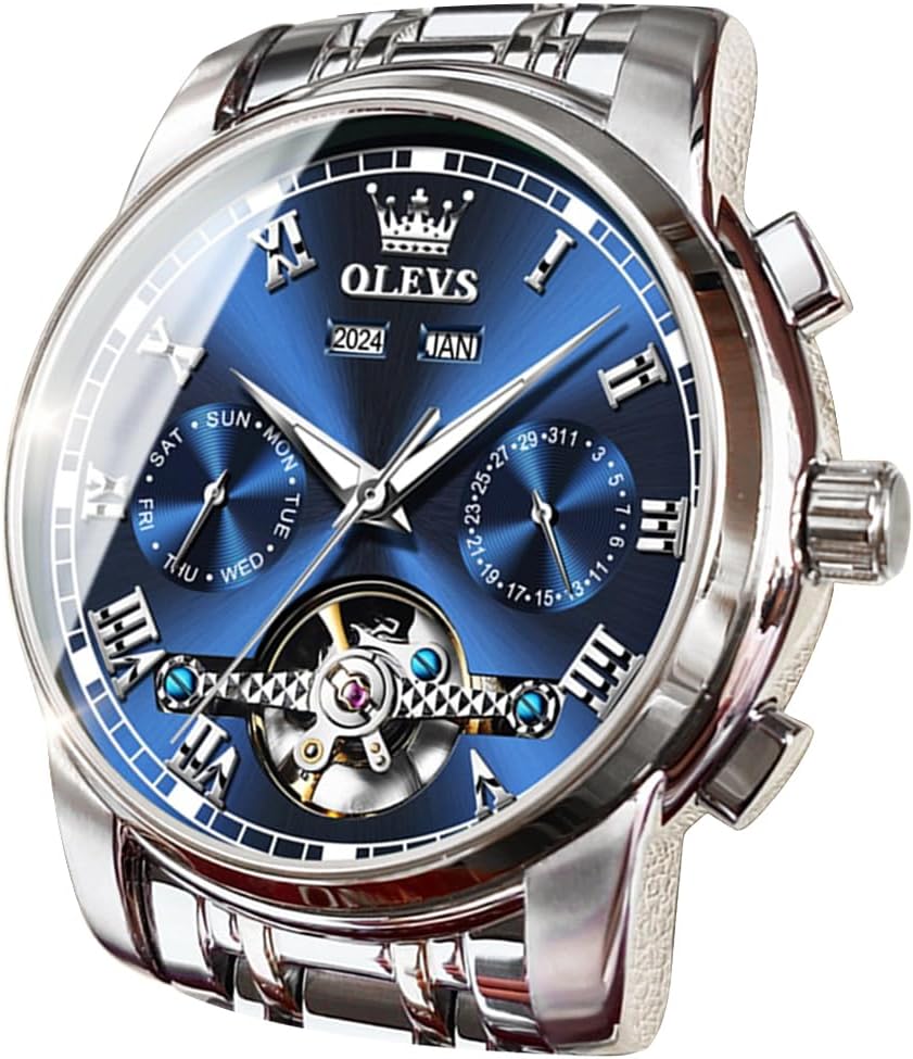 OLEVS Reloj automático para hombre, cuerda automática, mecánica, de lujo, de acero inoxidable, multicalendario, impermeable, luminoso, reloj de pulsera