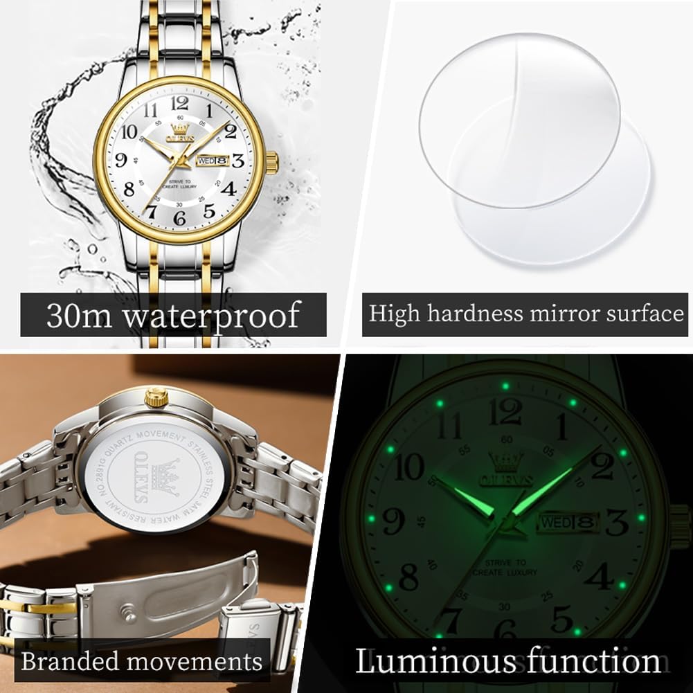 OLEVS Reloj para Mujer Plateado de Acero Inoxidable Elegante Analógico Lúmenes Visibles
