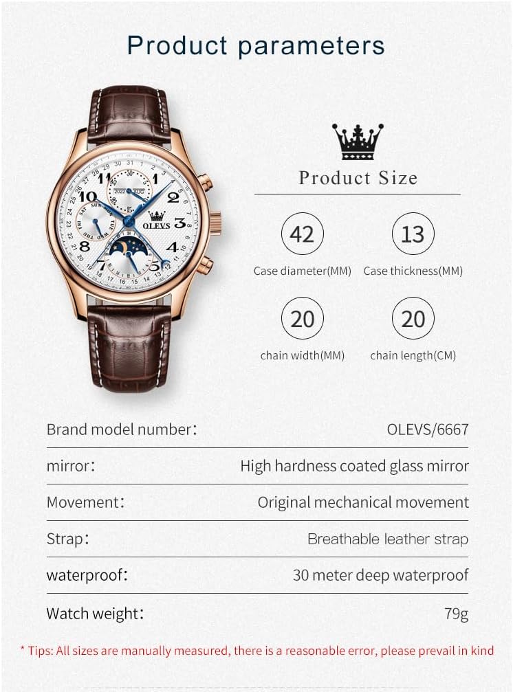 OLEVS - Relojes automáticos para hombre, multicalendario, con fase lunar, 3ATM impermeable, reloj de lujo clásico para negocios, de pulsera