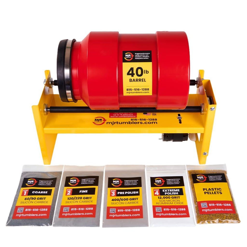 Pulidor de Rocas de Servicio Comercial de 40 libras con Kit de Abrasivo Gratuito. Capaz de operar con 18 tamaños y combinaciones de barril diferentes. Calidad y durabilidad inigualables