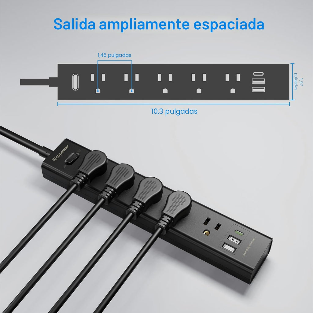 Paquete de 2 Regletas de Enchufes con Protección contra Sobretensiones - 5 Enchufes Ampliamente Espaciados, 3 Puertos USB (1 Puerto USB C), 1250W/10A con Cable de Extensión de 5 Pies, Regletas de