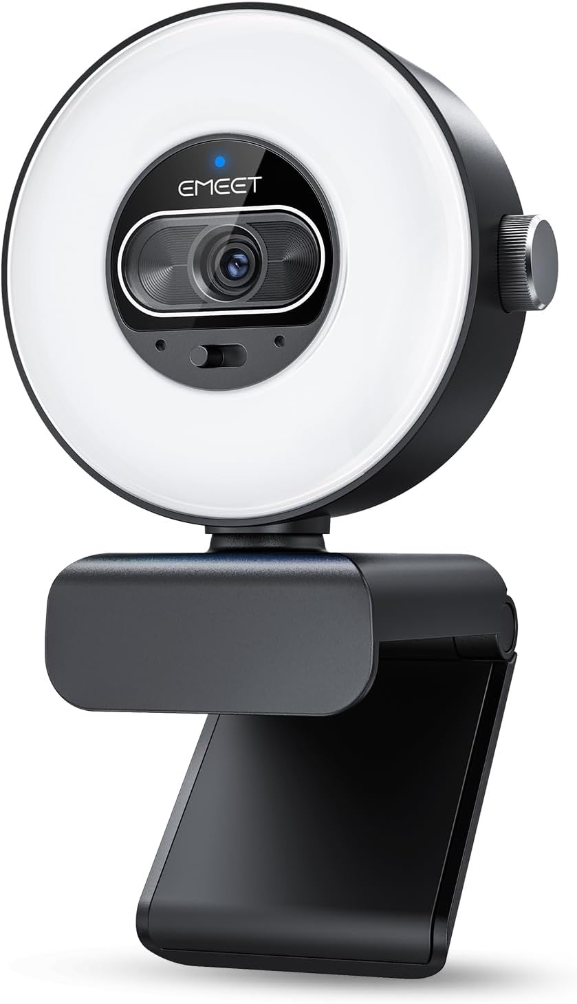 EMEET Cámara web S600L 4K para transmisión con luz de anillo, 4 mod...