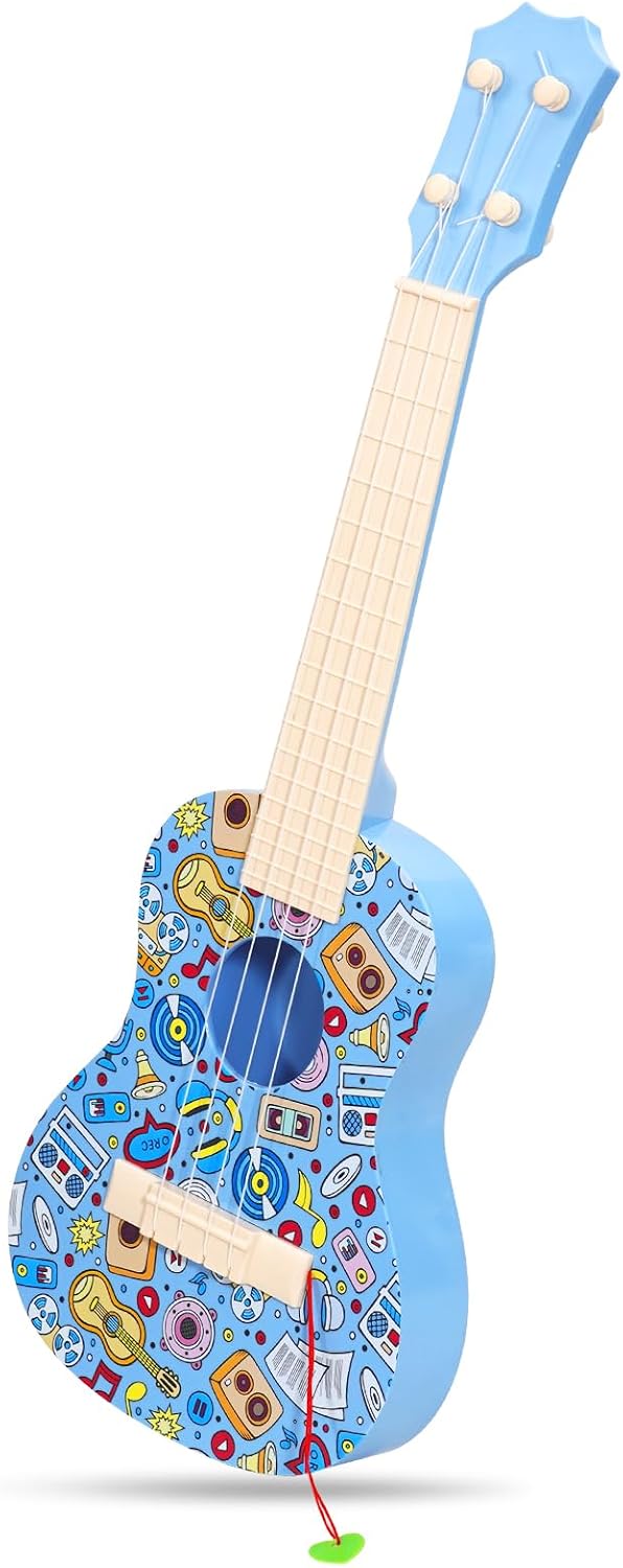 Guitarra ukelele de 21 pulgadas para niños, guitarra de juguete de grafiti con púas, color azul