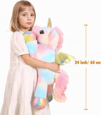Peluche de unicornio arcoíris de 24 pulgadas con alas, suave y lindo juguete de peluche grande de unicornio, almohada de regalo para niños, niñas y niños, cumpleaños, día de San Valentín y