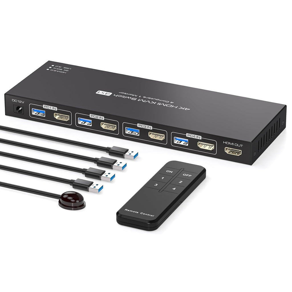 Conmutador KVM HDMI 4 computadoras EDID 4K@60Hz 4 puertos KVM para 4 PC compartiendo 1 monitor y 4 dispositivos USB 3.0 con controlador