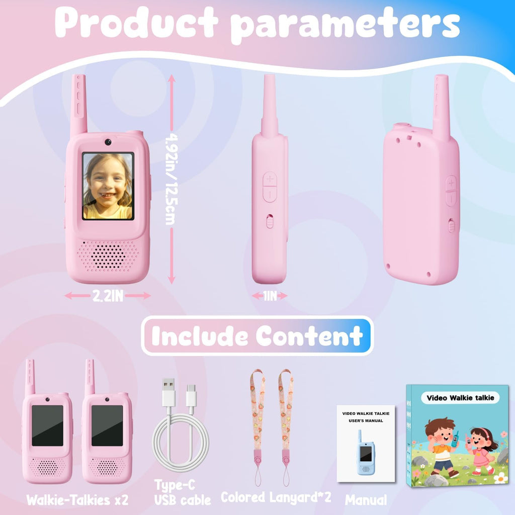 Video Walkie Talkies para Kids, 2 Pack Rechargeable Walkie Talkies con Screen, Indoor Outdoor Toy para 3 4 5 6 7 8 9 10 Year Old Girl, Christmas Birthday Gifts para Girls Age 3-12 (Pink)