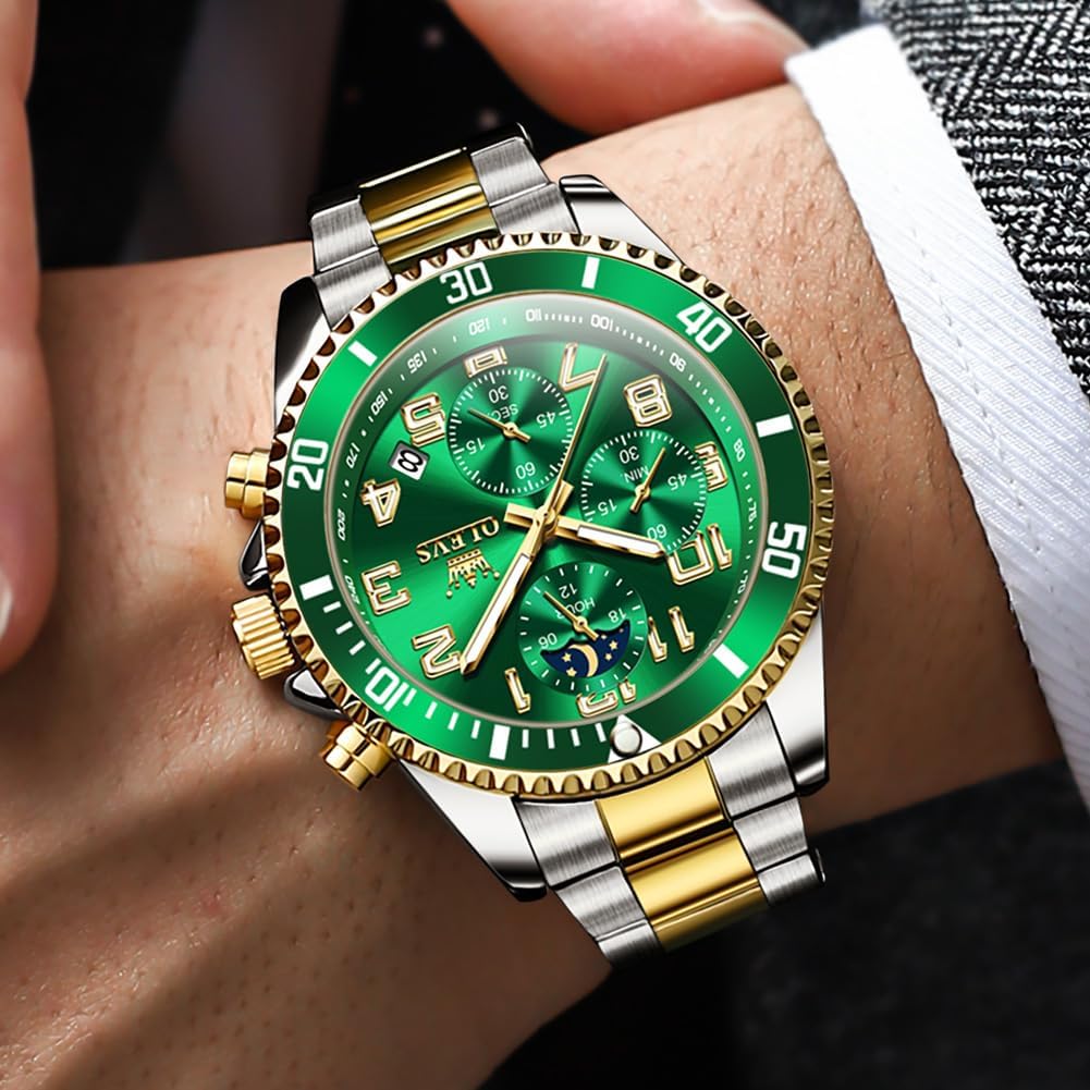 OLEVS Reloj de caballero Cronógrafo de lujo con fases de la luna, dos tonos, acero inoxidable, a prueba de agua, luminiscente, calendario empresarial, reloj de pulsera