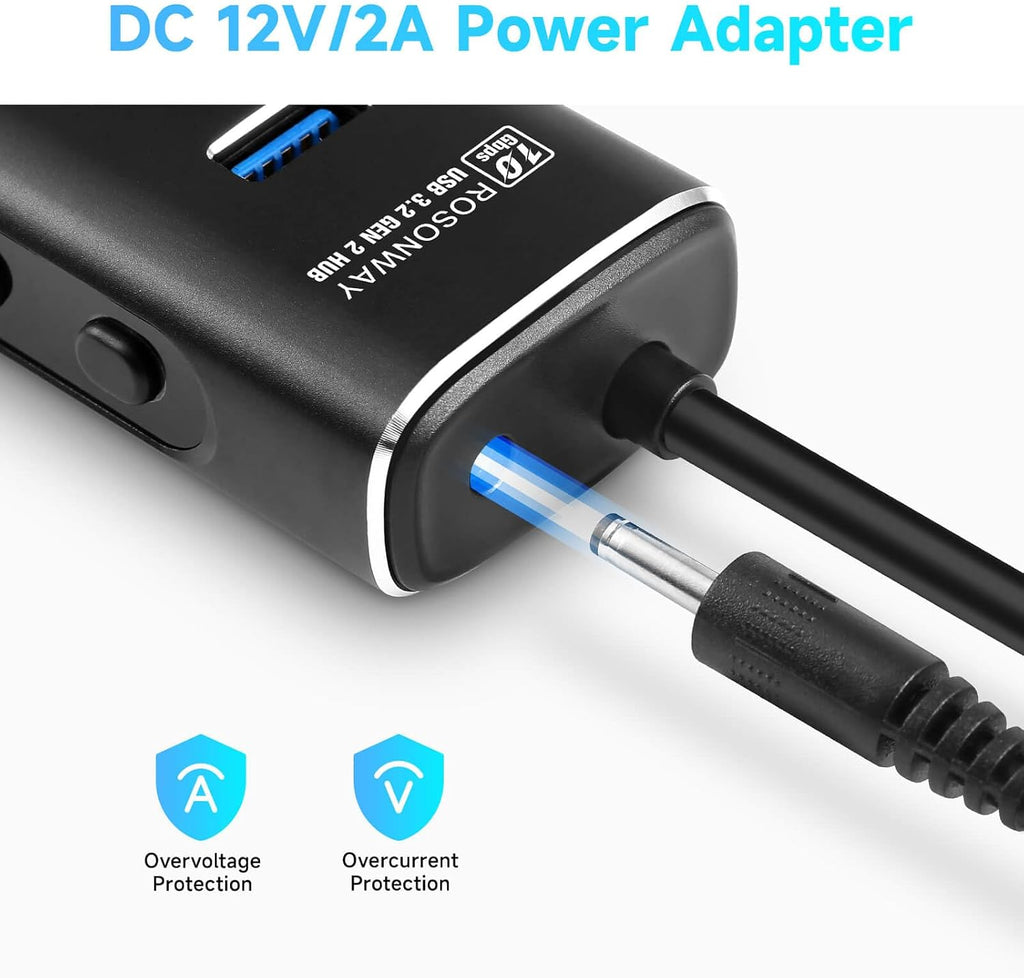 Rosonway, RSH-A107, hub USB 3.2 de 7 puertos, alimentado, adaptador 12V/2A