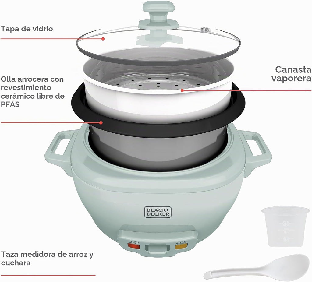 BLACK+DECKER Arrocera de 6 tazas con cesta de vapor, spray de surf