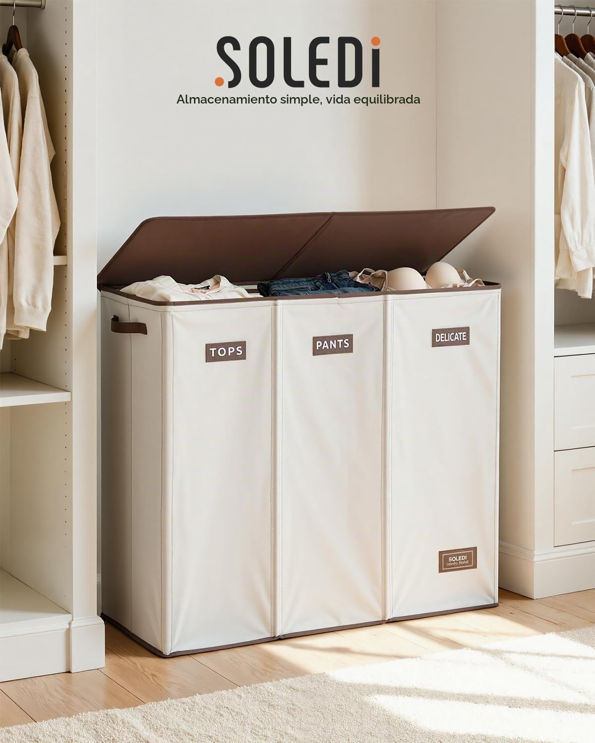 SOLEDI Cesta de lavandería de 3 secciones de 200 litros con tapa, cesta de ropa sucia extragrande con asas resistentes para lavandería y dormitorio, organizador duradero para clasificar la ropa sucia