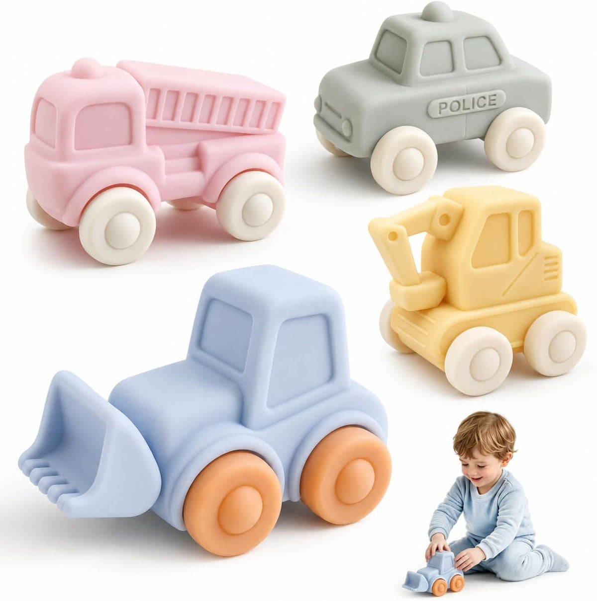 Coches de juguete de silicona para bebés y niños pequeños, juguetes suaves para dentición para bebés de 6 a 12 meses, juguetes de bebé para regalos de cumpleaños para niños y niñas (4 unidades)