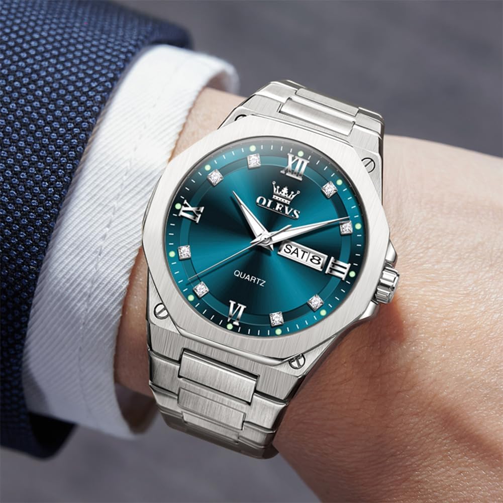 OLEVS Reloj de cuarzo octogonal de acero inoxidable para hombre, resistente al agua, para negocios, casual, de vestir, reloj de pulsera de lujo con diamantes luminosos para el día y fecha, regalo para