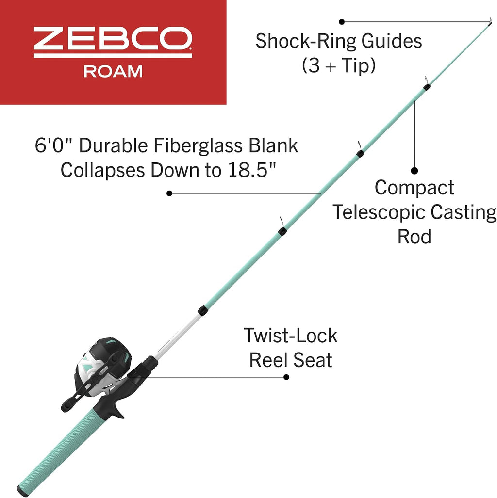 Zebco Roam - Combo de caña de pescar telescópica y carrete de pesca giratorio o spincast, caña de fibra de vidrio duradera de 6 pies con mango ComfortGrip, pre-enrollada con línea de pesca Zebco Cajun