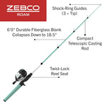Zebco Roam - Combo de caña de pescar telescópica y carrete de pesca giratorio o spincast, caña de fibra de vidrio duradera de 6 pies con mango ComfortGrip, pre-enrollada con línea de pesca Zebco Cajun
