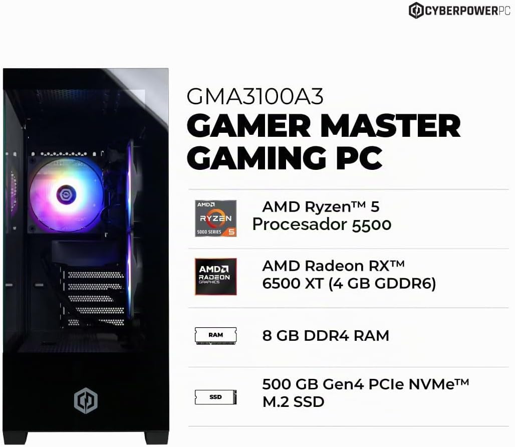 CyberPowerPC PC para juegos, AMD Ryzen 5 5500, Radeon RX 6500 XT 4G...