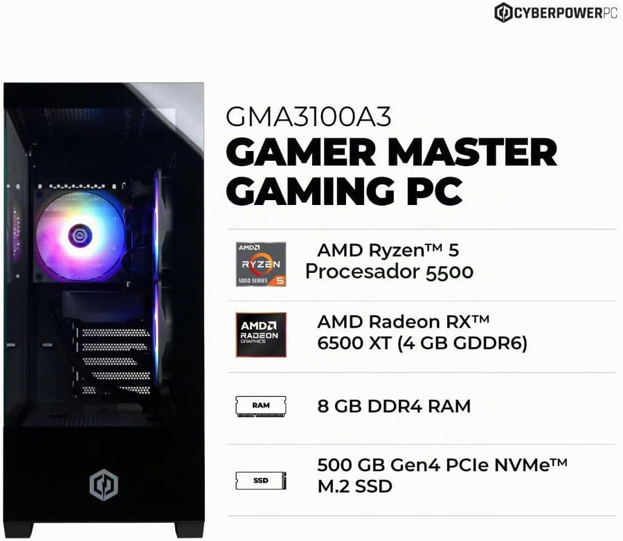 CyberPowerPC PC para juegos, AMD Ryzen 5 5500, Radeon RX 6500 XT 4G...