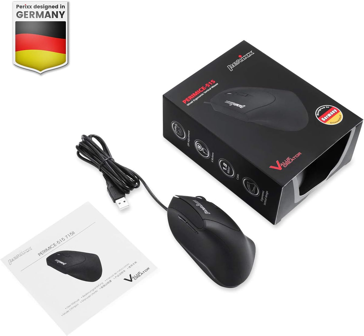 Perixx PERIMICE-515II Ratón vertical ergonómico con cable, 1000\/16...