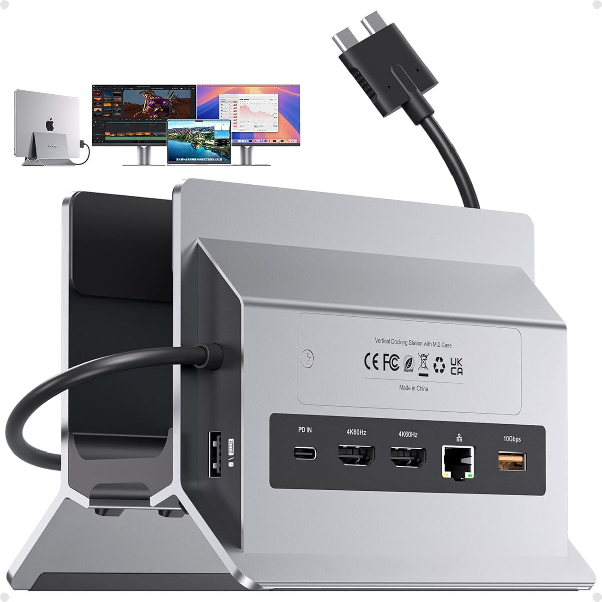 Estación de acoplamiento para MacBook de doble monitor, estación de acoplamiento vertical para laptop Mac con soporte con 2 HDMI 4K@60Hz, USB A/C 10Gbps, PD, Ethernet, USB 2.0, SD/TF