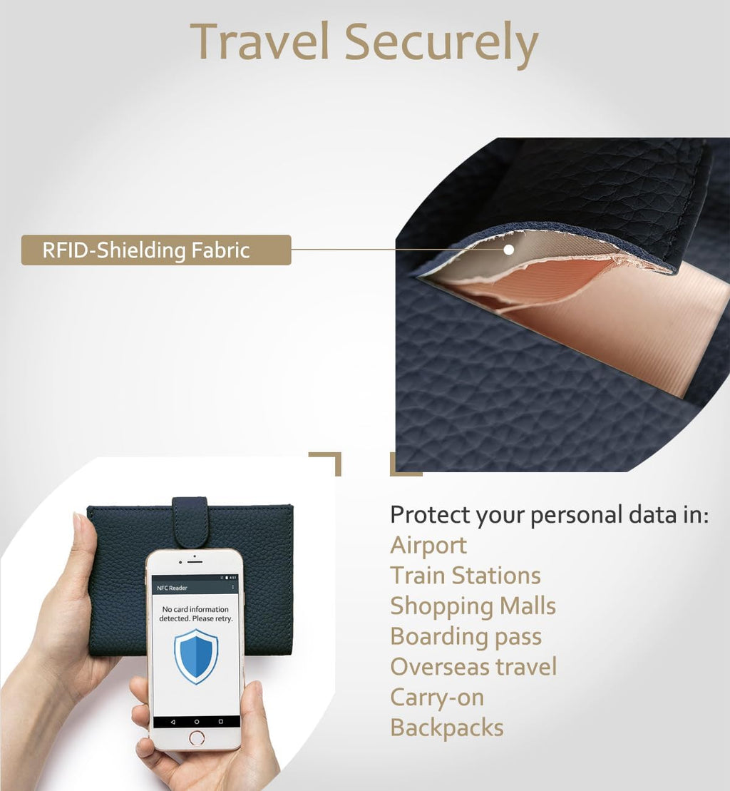 Soporte de cuero con bloqueo RFID para pasaporte para viajes para mujeres y hombres