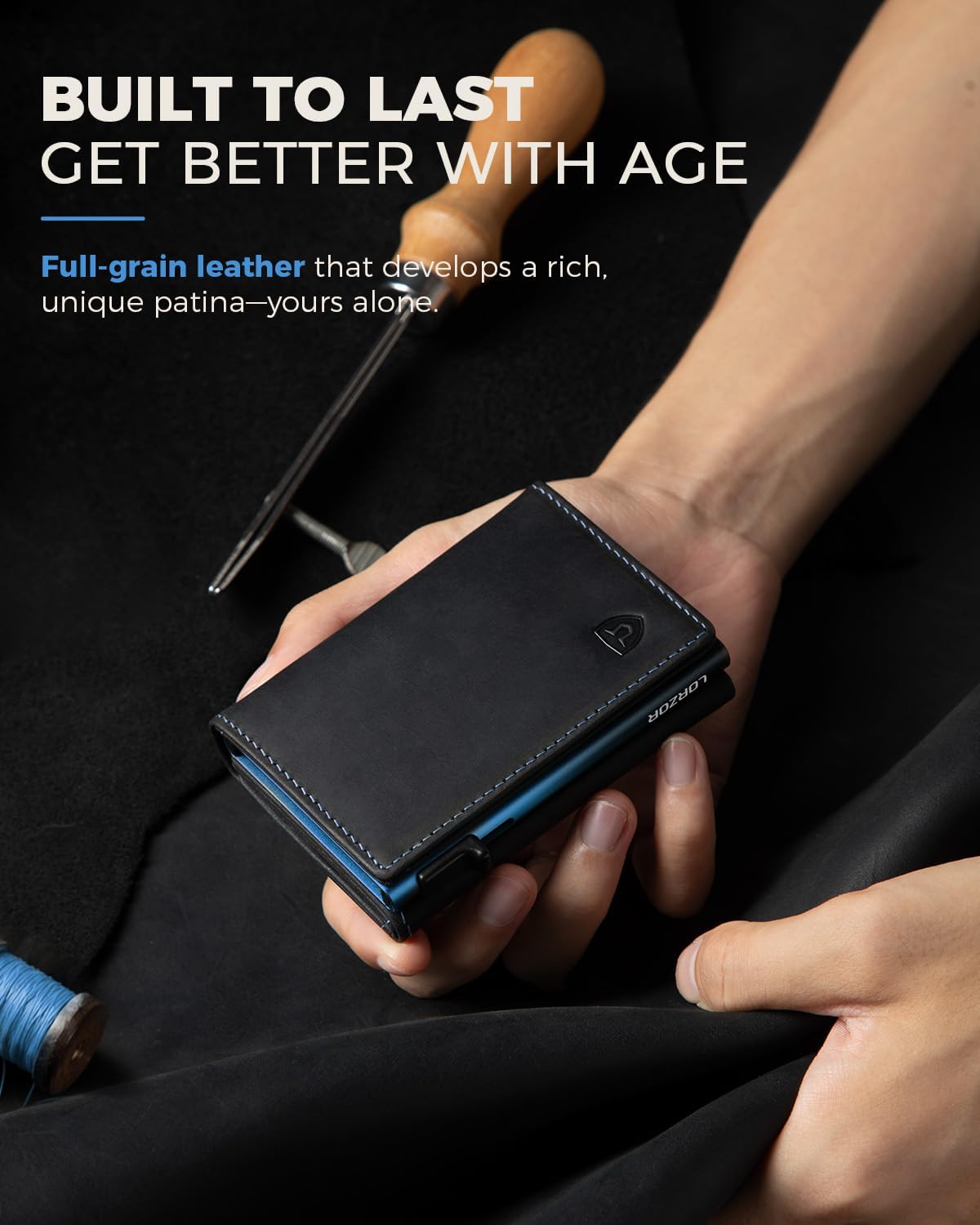 Cartera minimalista para hombre con tarjetero de crédito, cuero de grano completo más fino, billetera inteligente TriPop, billetera delgada triple, desplegable con bloqueo RFID, bolsillo