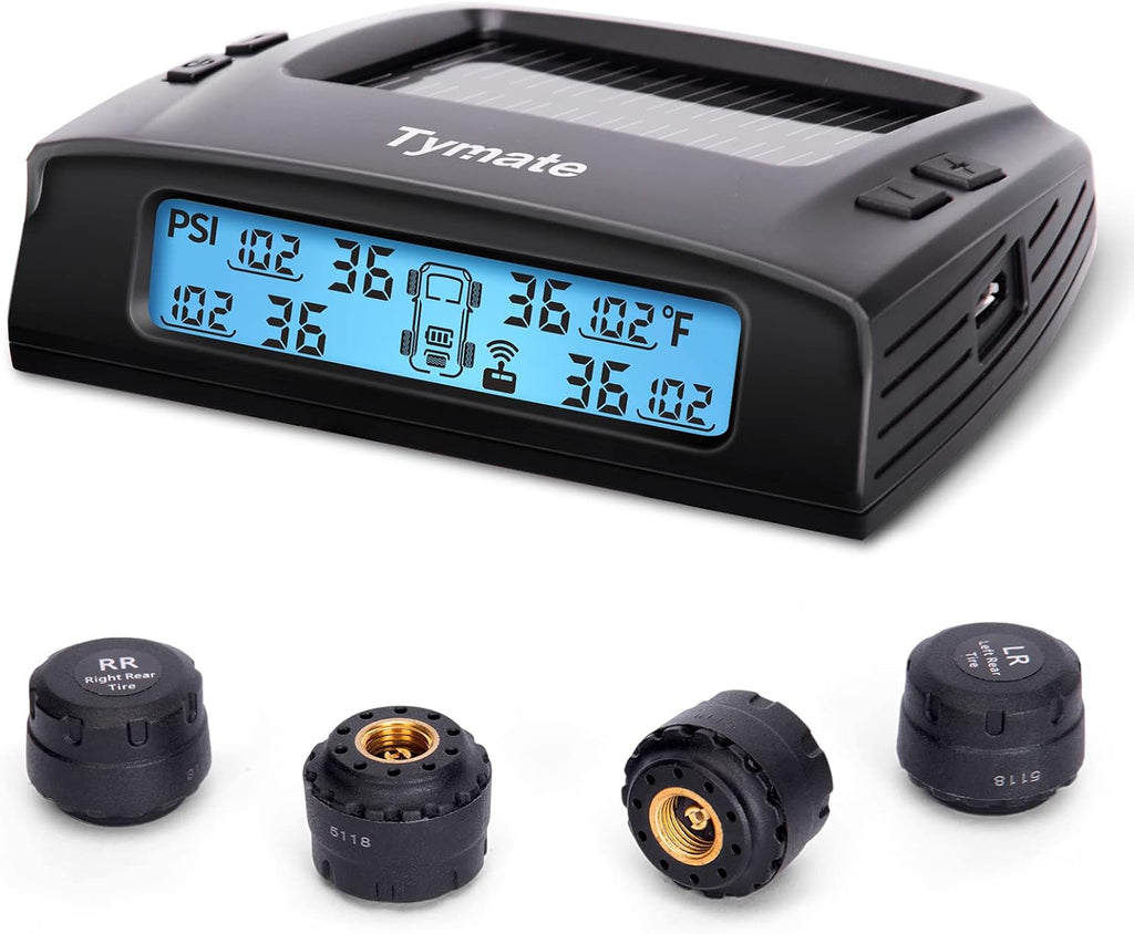 Sistema Tymate de monitoreo de presión de neumáticos para RV - Sistema de monitor de presión de neumáticos M7-3 TPMS (0-87 PSI) con cargador solar, TPMS para RV con 4 sensores y 5 modos de alarma