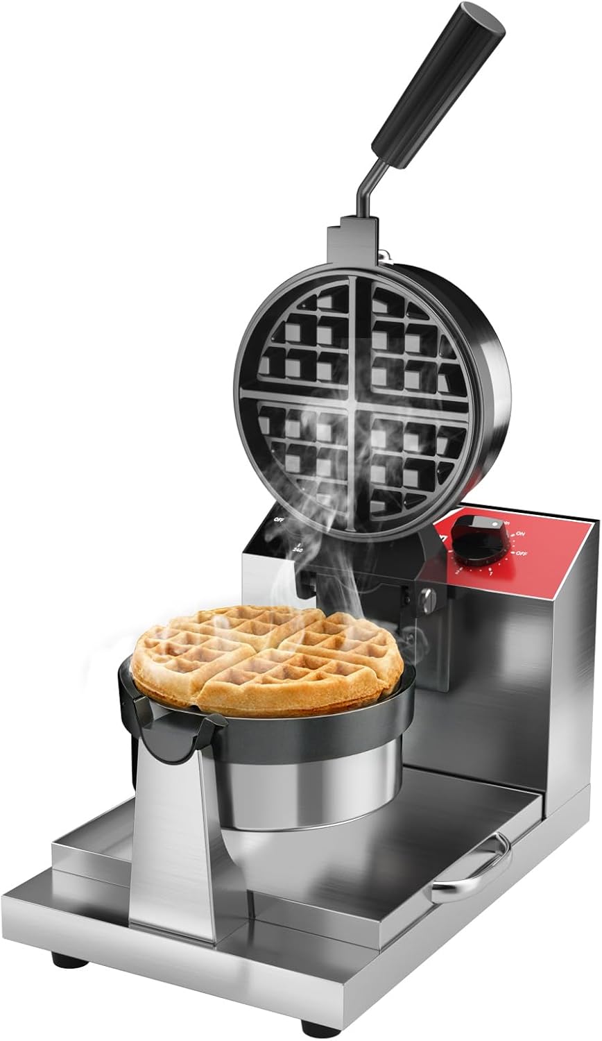 CROSSON Commercial Waffle Maker, Profesional redonda para gofres belgas, giratoria 180°, placas antiadherentes, control de temperatura y tiempo para restaurantes y panaderías, 120V/1300W