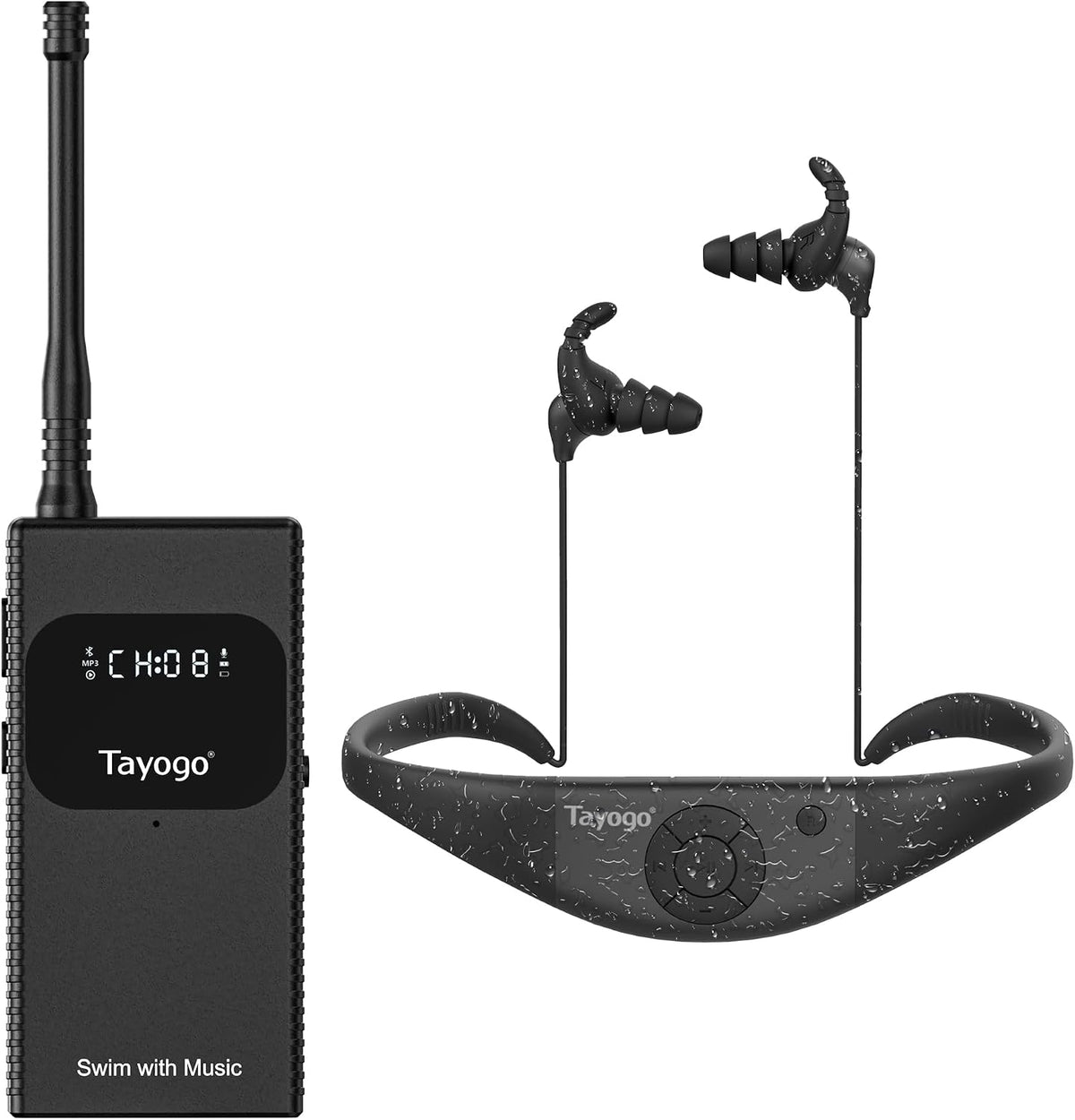 Tayogo Combo de música de natación T6+W18 – Reproductor MP3 de natación impermeable + transmisor Bluetooth | No es necesario descargar música, compatible con Spotify, nadar con tu aplicación Stream