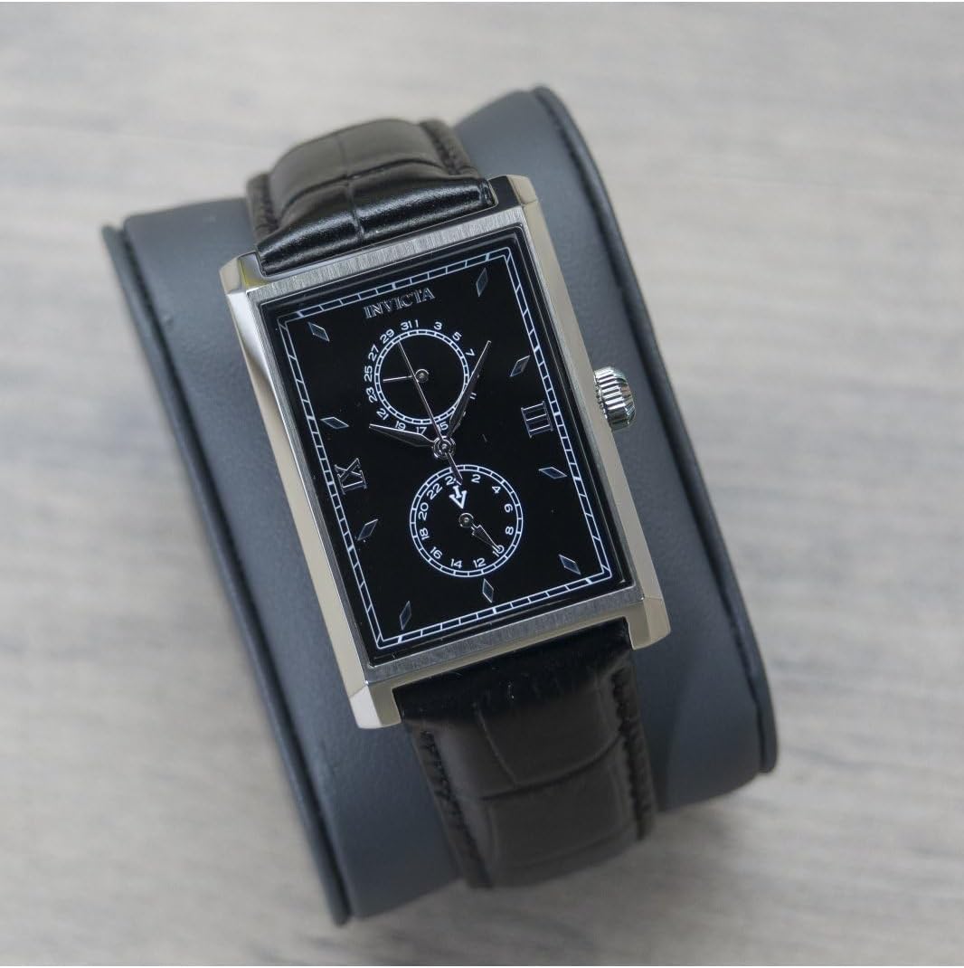Invicta Reloj de cuarzo de cuero vintage de 1.181 in para hombre, negro (Modelo: 46857)