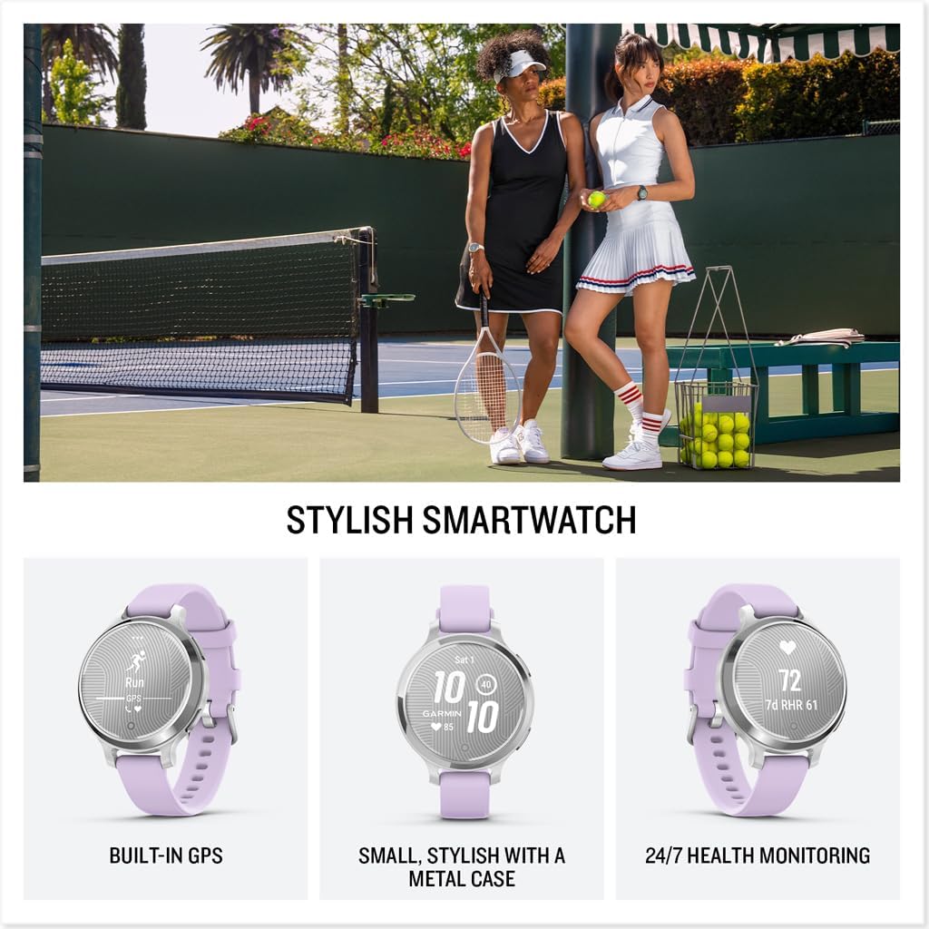 Garmin Lily® 2 Active, Reloj inteligente pequeño y elegante, GPS integrado, pantalla oculta, lente con patrón, hasta 9 días de duración de la batería, plateado con banda de silicona Purple Jasmine