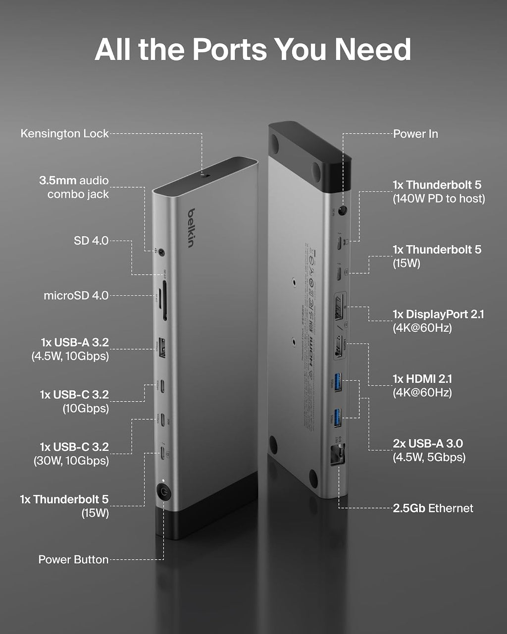 Belkin Base Thunderbolt™ 5 de 140 W, estación de acoplamiento 14 en 1