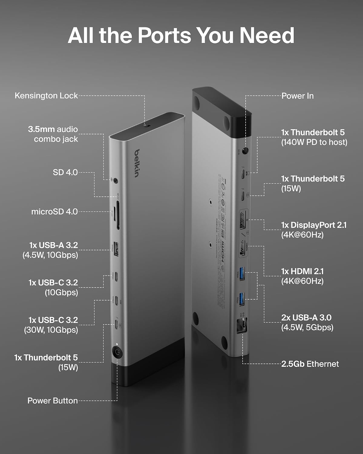 Belkin Base Thunderbolt™ 5 de 140 W, estación de acoplamiento 14 en 1