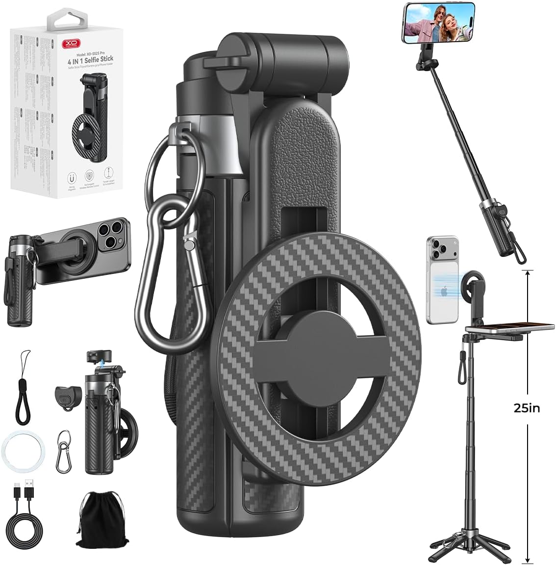 Palo selfie magnético 5 en 1 mejorado con control remoto para teléfono celular con rotación de 360°. Se puede transformar en mini trípode/agarre de cámara/estabilizador de mano / soporte para teléfono