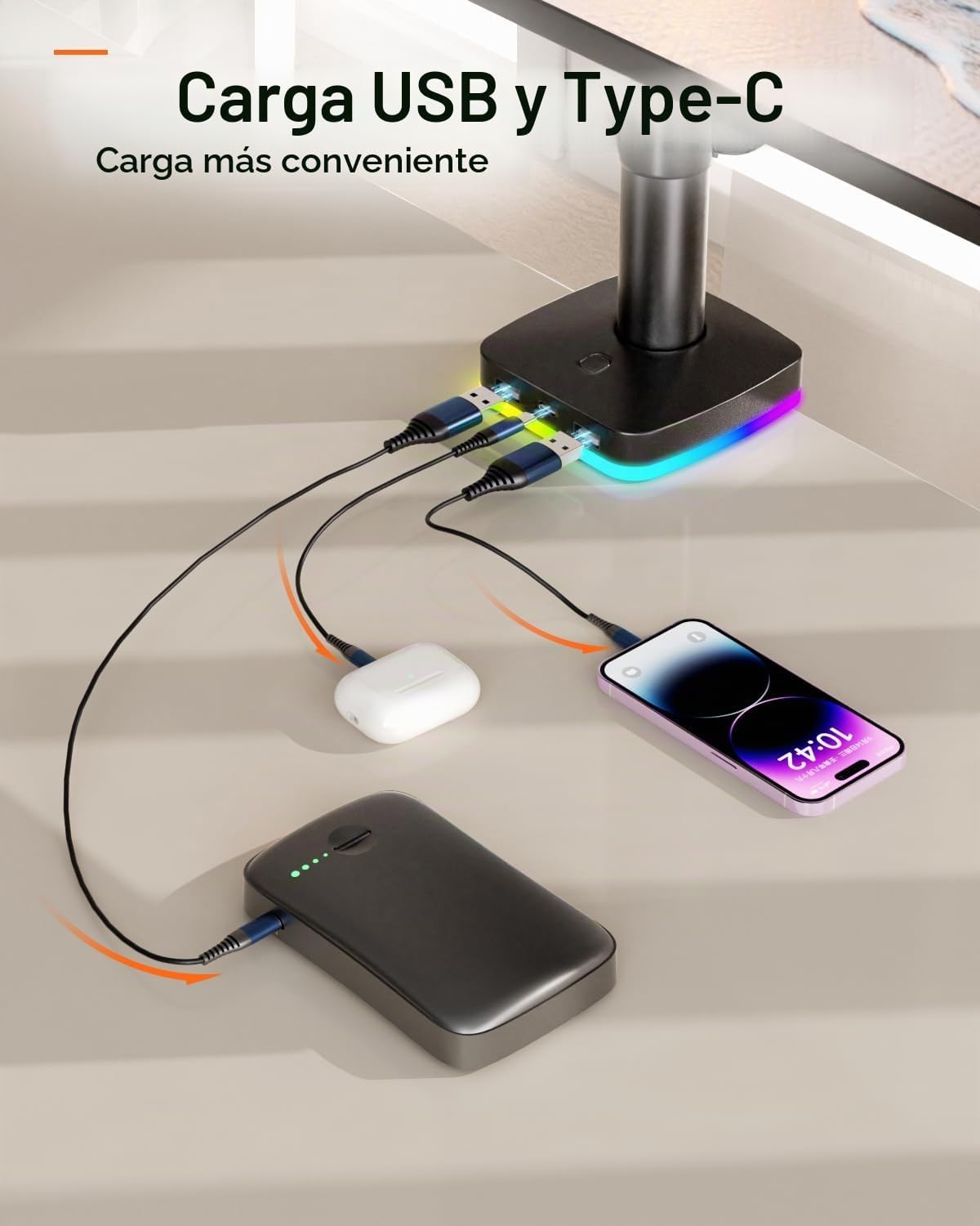 Afaloona Brazo de monitor dual RGB con concentrador USB, soporte de
