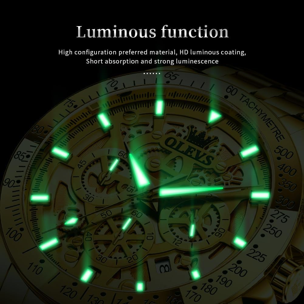 OLEVS Reloj para Hombres Esqueleto Negocio Vestir Acero Inoxidable Impermeable Luminoso Reloj de Pulsera para Hombres