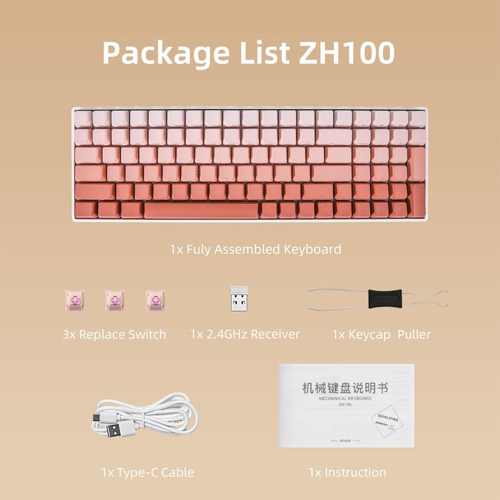ZORNHER ZH100 Wireless Mechanical Keyboard,98% Pink Creamy Keyboard...