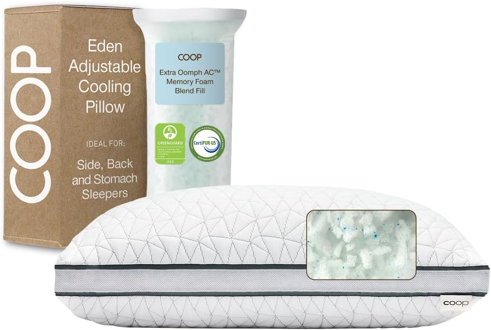 Coop Home Goods Eden - Almohada de cama tamaño Queen para dormir de espalda, estómago y de lado, gel refrescante de espuma viscoelástica suave media, CertiPUR-US/GREENGUARD Gold