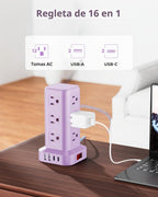 Regleta de alimentación con 12 tomas, 4 USB (1 USB C), cable de extensión de 6.5 pies con múltiples tomas, estación de carga, torre de regleta de alimentación morada, suministros de escritorio de