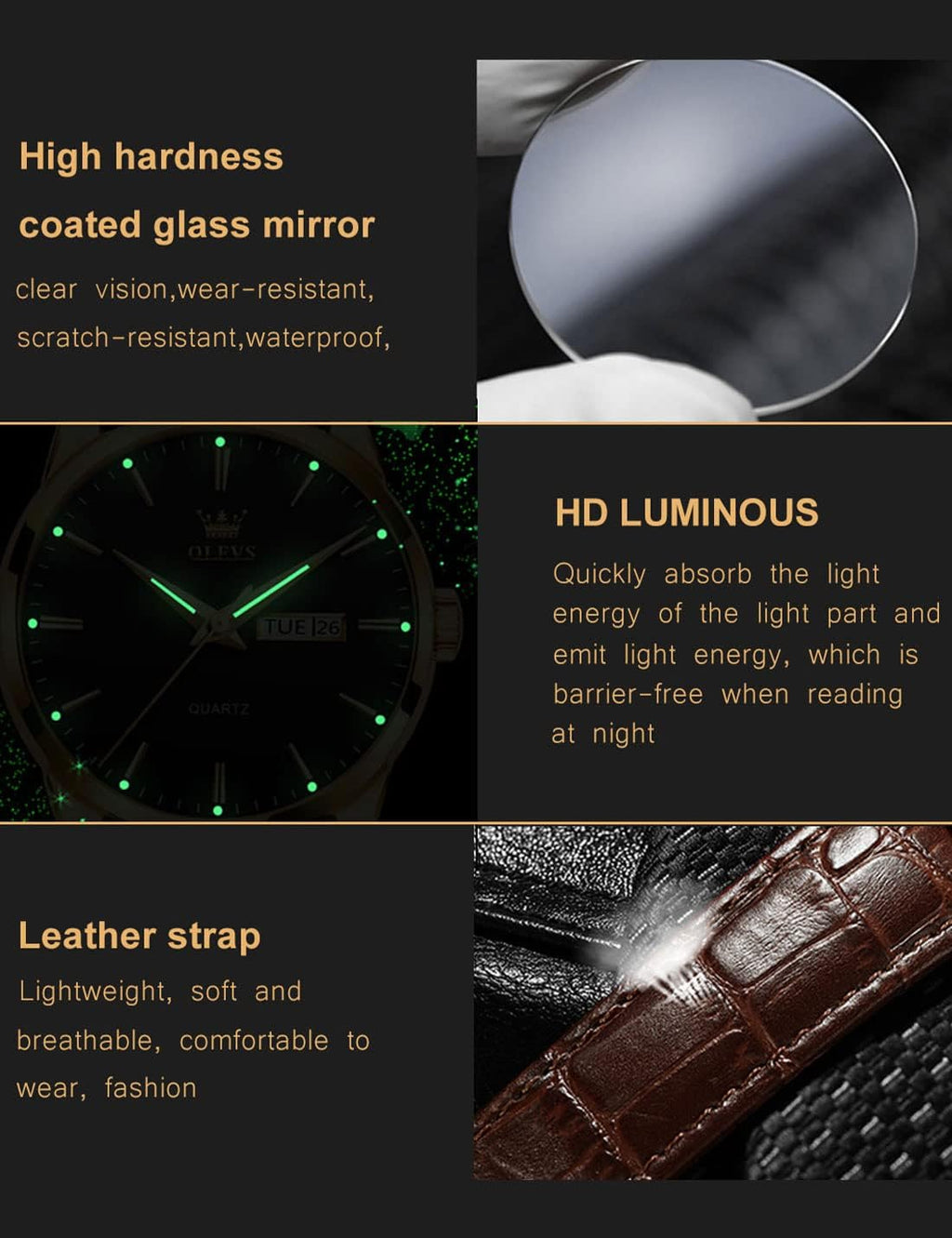 OLEVS Relojes de Cuero para Hombres, Casual, Fácil de leer, Quartz, Números, Resistente al Agua