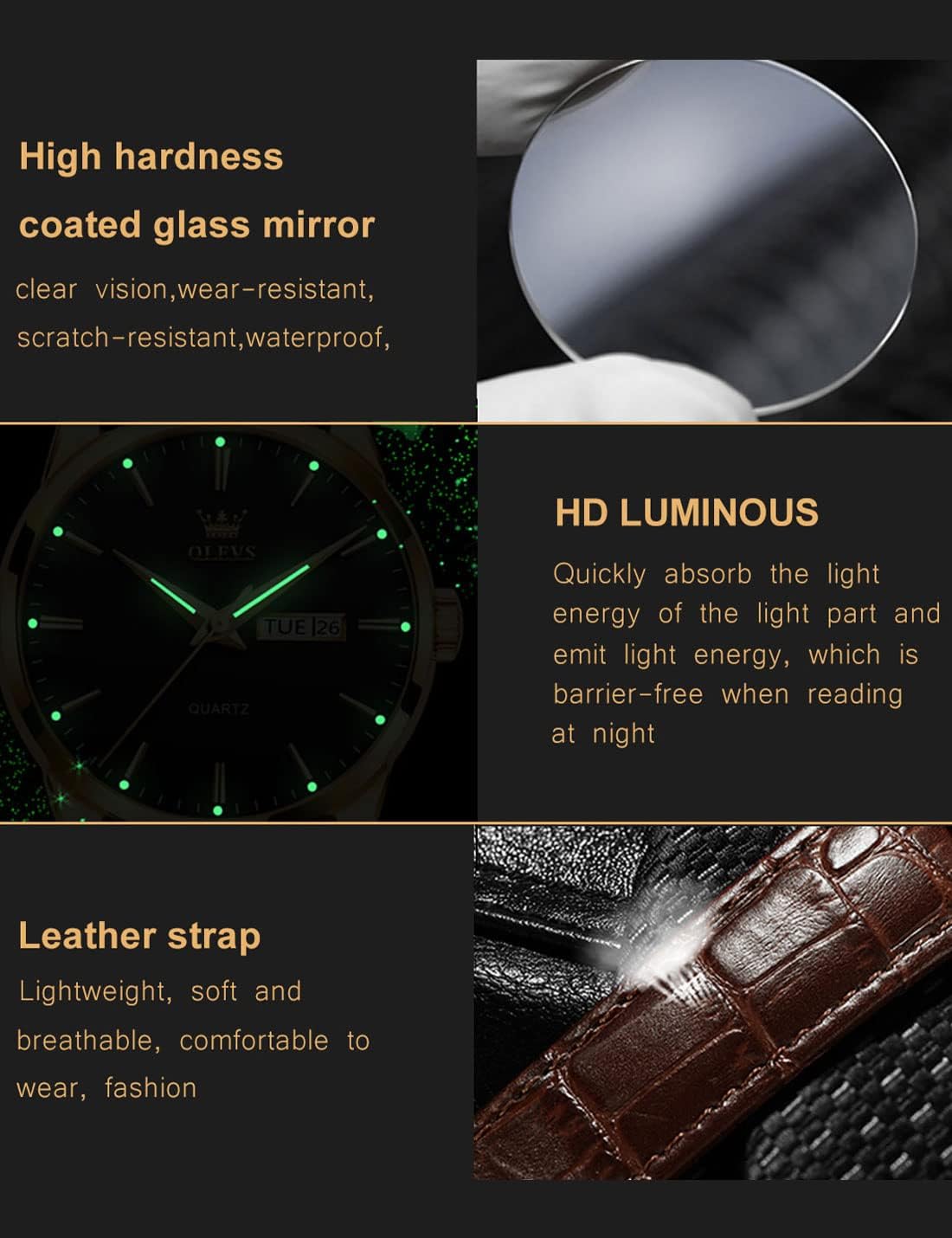 OLEVS Relojes de Cuero para Hombres, Casual, Fácil de leer, Quartz, Números, Resistente al Agua
