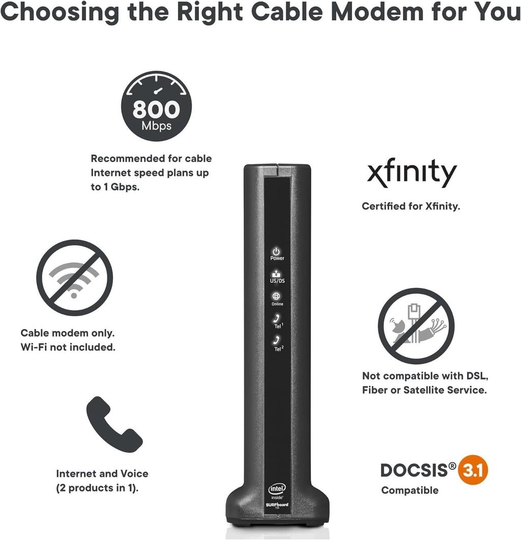 T25 Surfboard Cable Modem DOCSIS 3.1800 Mbps Max Servicio de Internet para Comcast