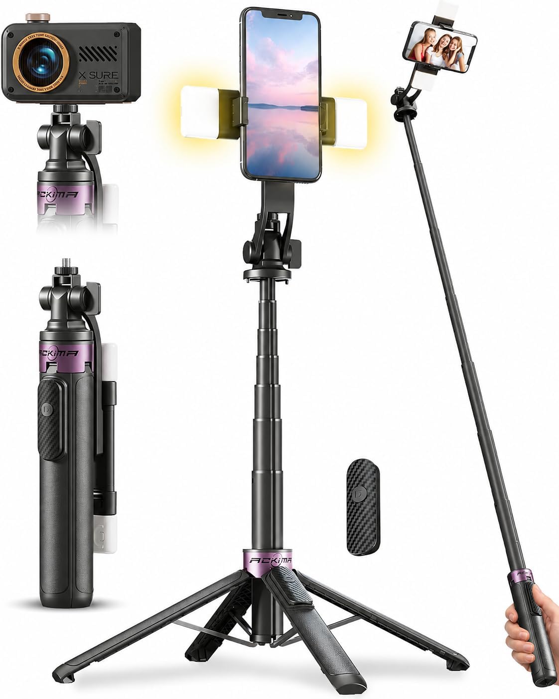 Trípode para selfie stick de 53 pulgadas con luz, soporte mejorado para teléfono celular de 4 patas, trípode para cámara con control remoto inalámbrico recargable y 2 luces de llenado, portátil