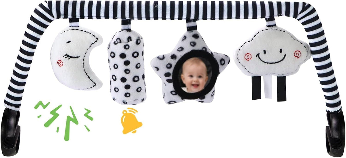 Mecedora de Juguete para Bebé Suave con 4 Juguetes Sensoriales Colgantes, Compatible con Mecedora Baby Bjorn, con Espejo, Sonajero, Sonido de Crujido para Bebés de Todas las Edades (Formas
