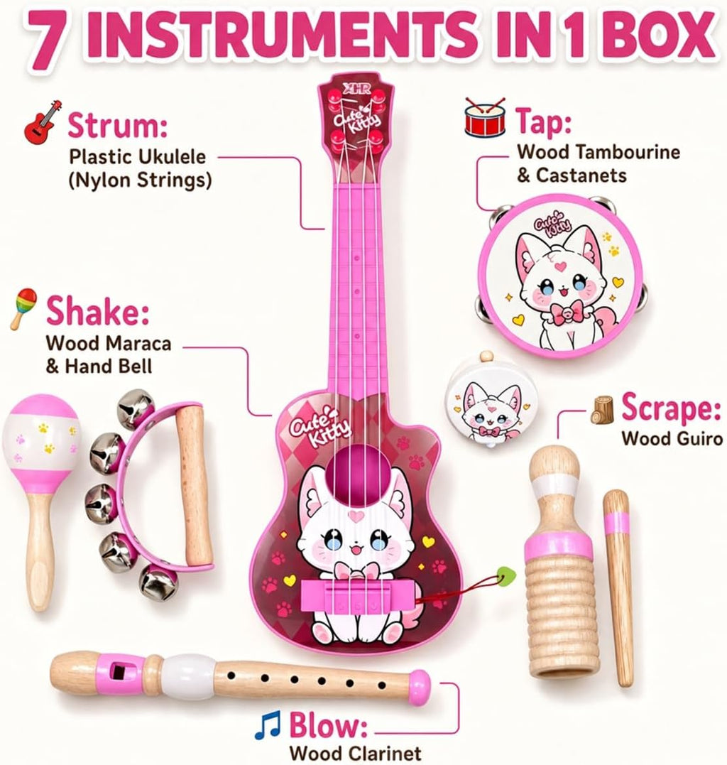 Juego de juguetes de guitarra para niños, instrumentos musicales duraderos a prueba de caídas 7 en 1 para niños de 3 a 5 años, lindo juguete de ukelele de animales con pandereta de madera, guiro