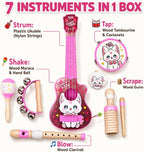 Juego de juguetes de guitarra para niños, instrumentos musicales duraderos a prueba de caídas 7 en 1 para niños de 3 a 5 años, lindo juguete de ukelele de animales con pandereta de madera, guiro