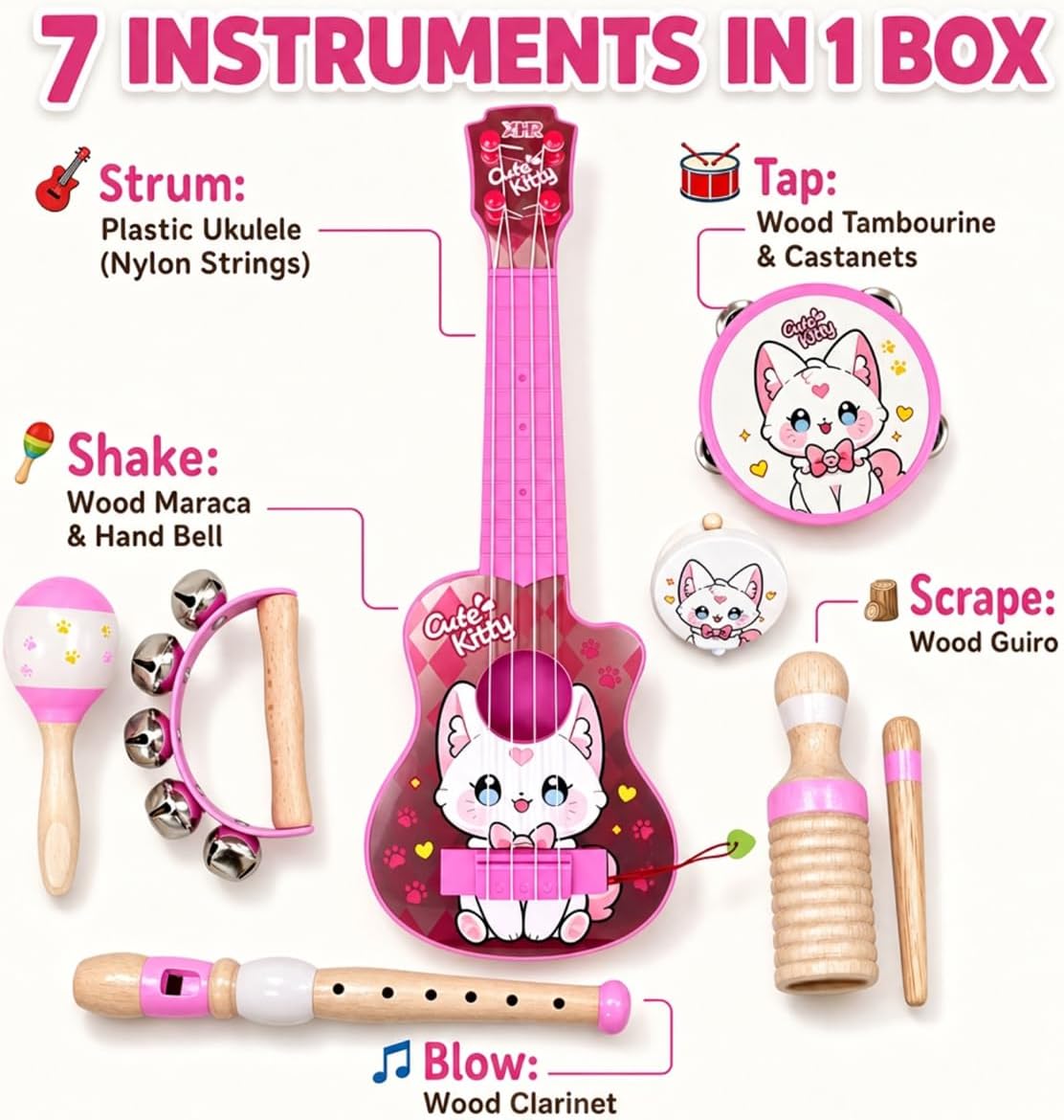 Juego de juguetes de guitarra para niños, instrumentos musicales duraderos a prueba de caídas 7 en 1 para niños de 3 a 5 años, lindo juguete de ukelele de animales con pandereta de madera, guiro