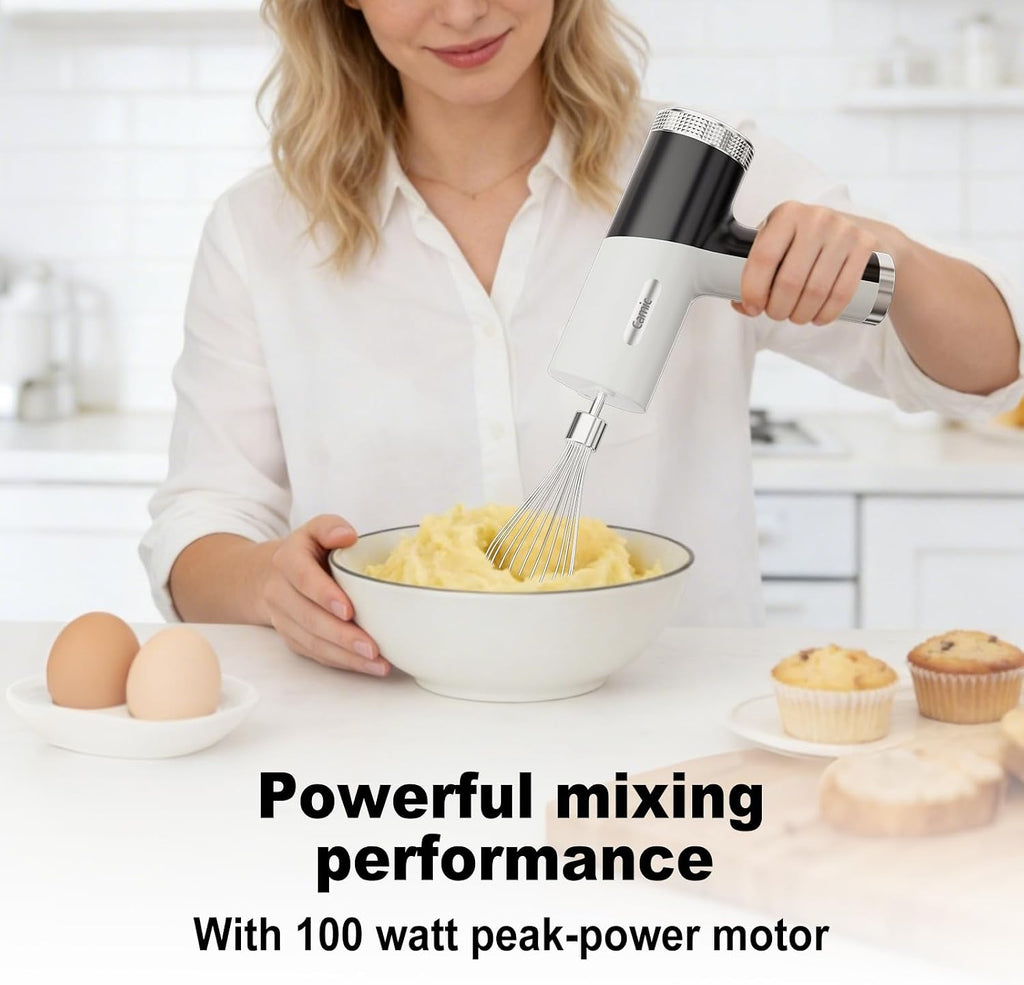 Camic Batidora de mano eléctrica con 9 velocidades, potente motor, batidora de mano inalámbrica con batidor, gancho para masa y varilla mezcladora para batir huevos, crema, mantequilla, mermelada